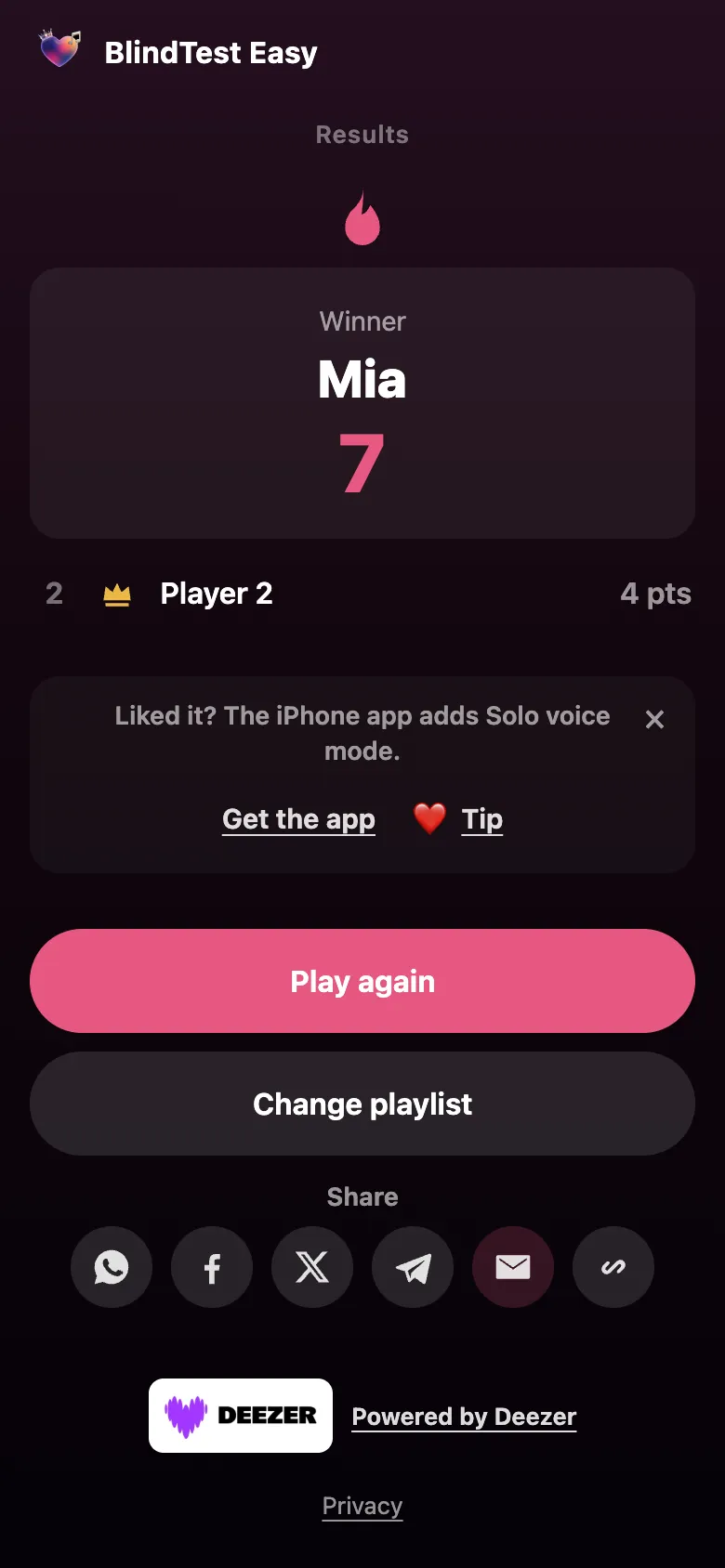 Results screen: winner, ranking, Play again and Change playlist buttons, share.