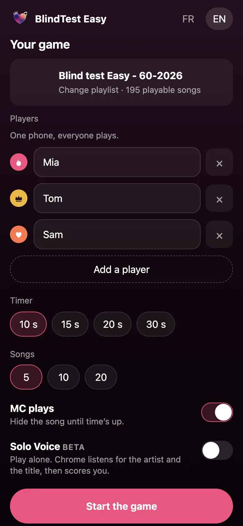 Your game screen: chosen playlist, players, 10 to 30 second timer, number of songs and the MC plays option.