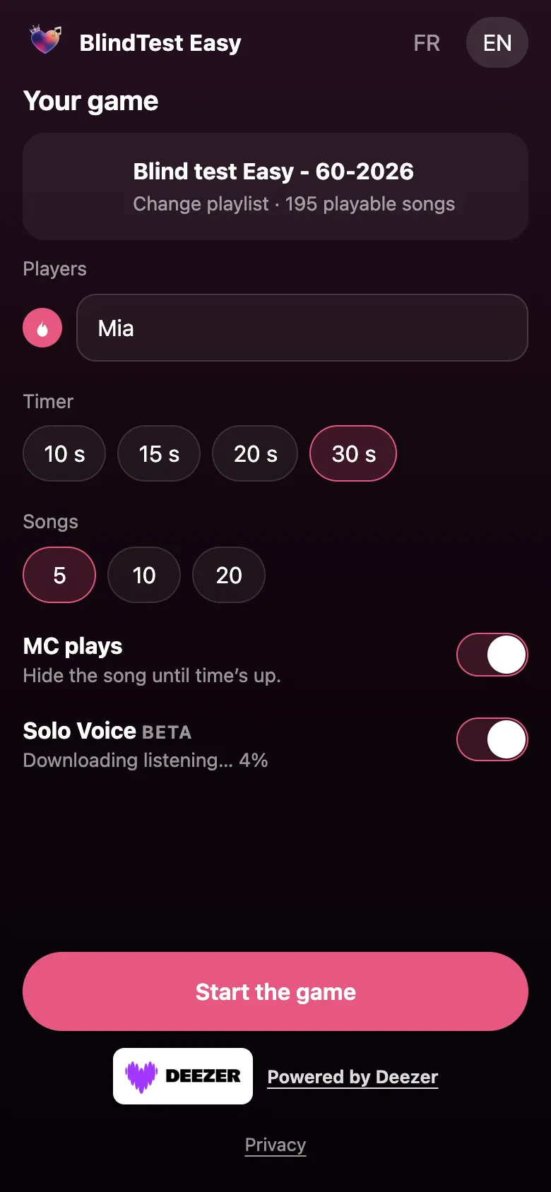 Your game screen with the Solo Voice (beta) switch on and the listening download in progress.