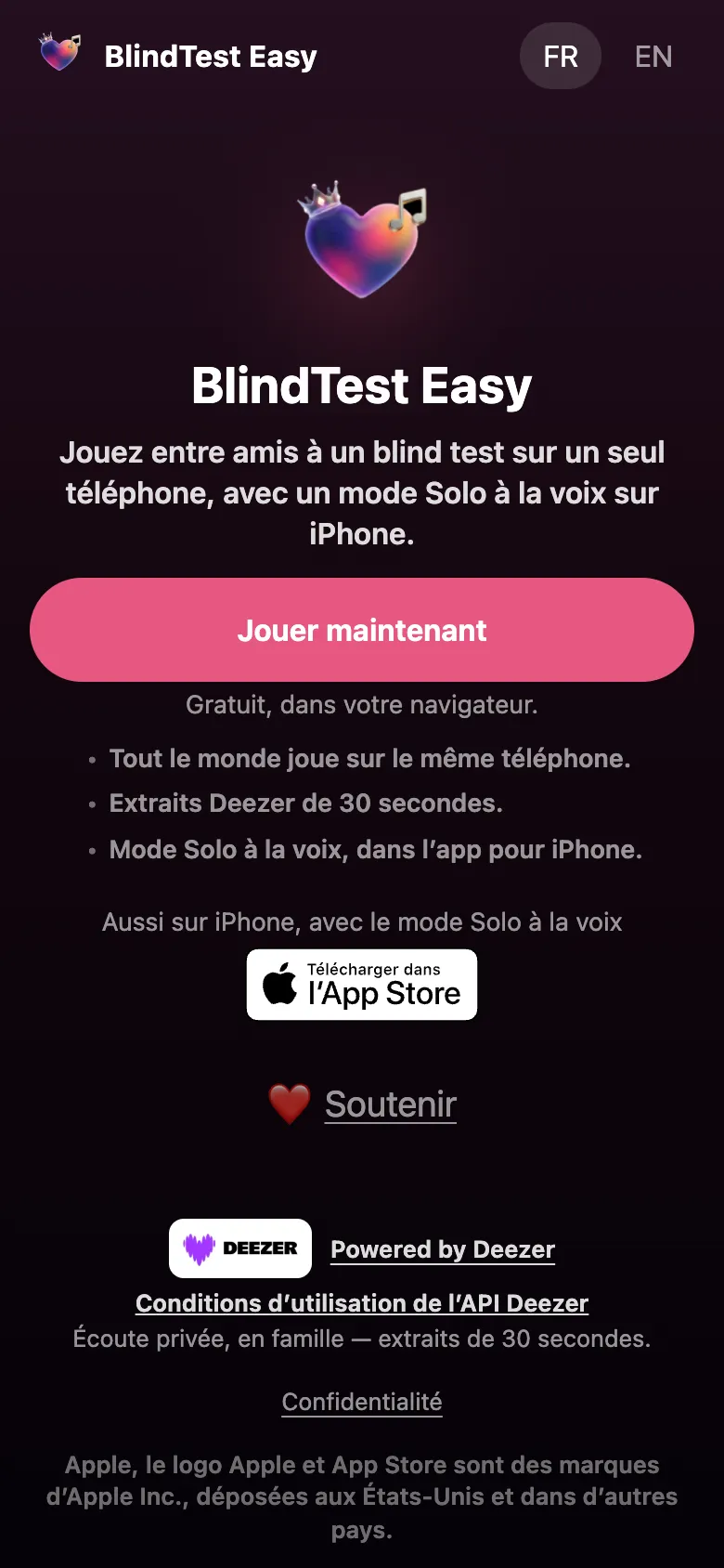 Accueil de BlindTest Easy : bouton Jouer maintenant, extraits Deezer de 30 secondes et mode Solo sur iPhone.